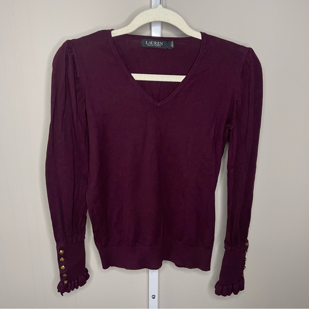 Lauren Ralph Lauren Plum Purple V-Neck Knit Top Gold Button Cuff Sleeves Size S